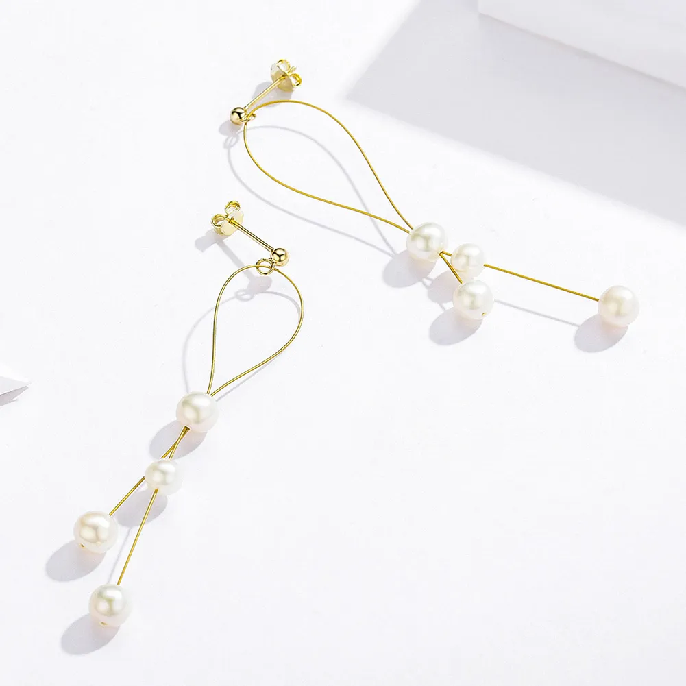 Pandora Style Gold-Plated Gentle Pearl Hanging Earrings - SCE615
