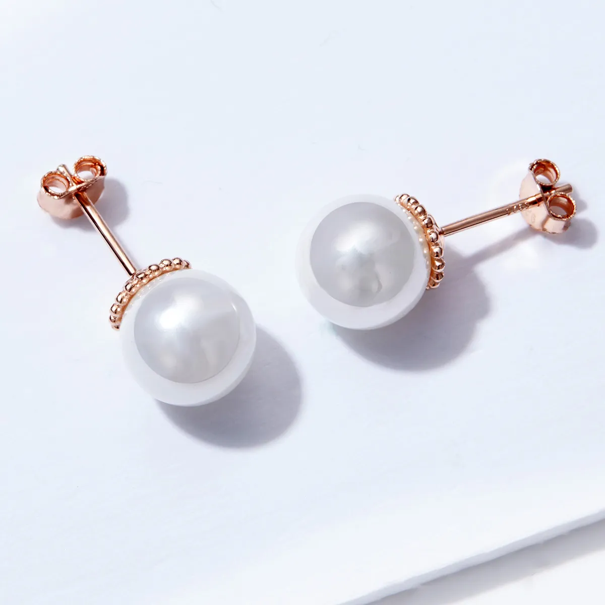 Pandora Style Rose Gold Pearl Stud Earrings - SCE609