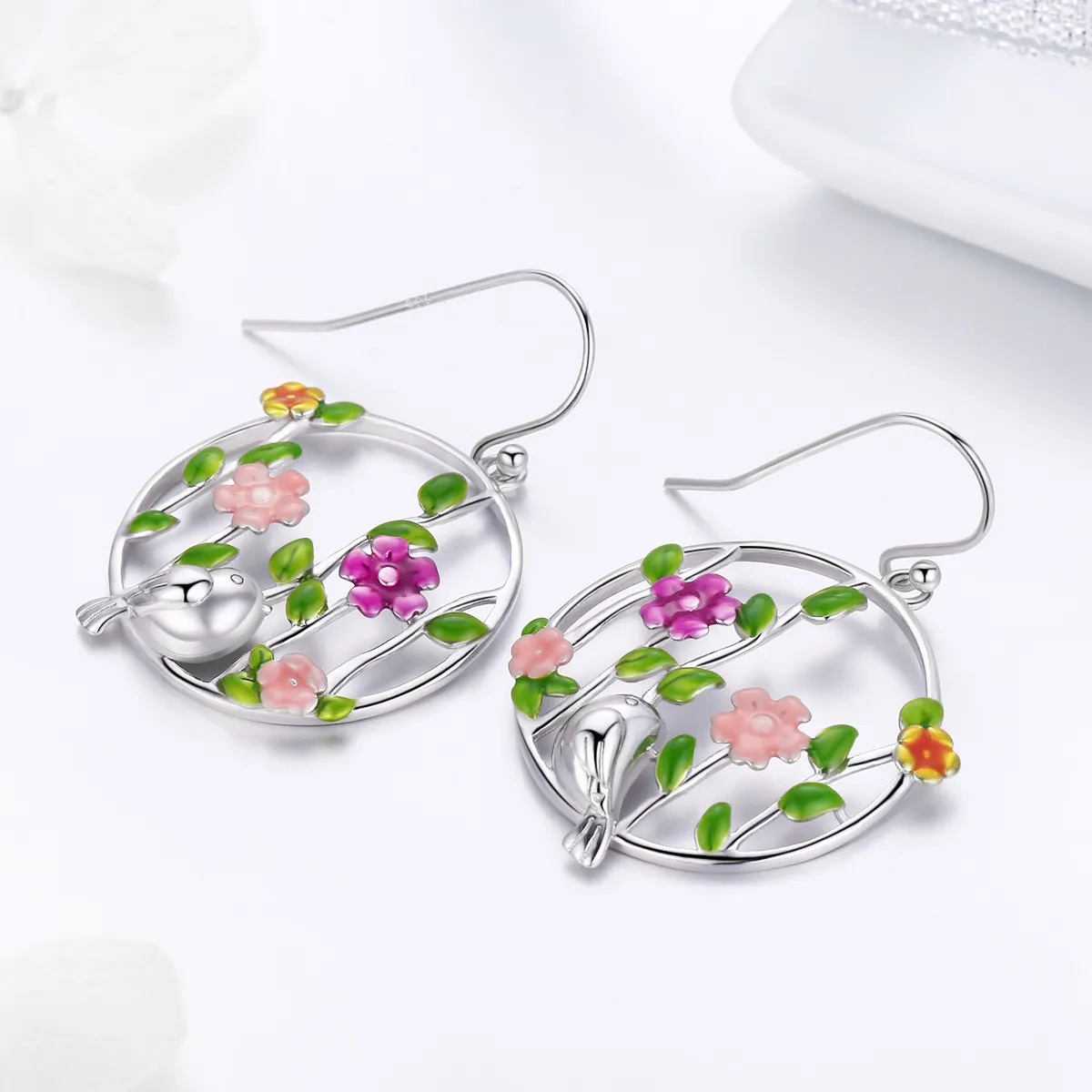 Pandora Style Silver Birds Blooms Hanging Earrings - SCE480