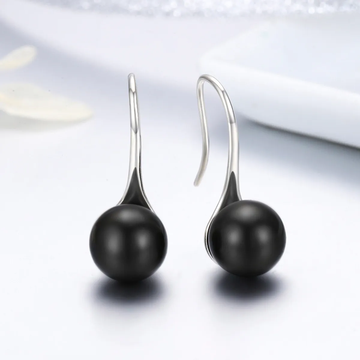 Pandora Style Silver Black Pearl Hanging Earrings - SCE144