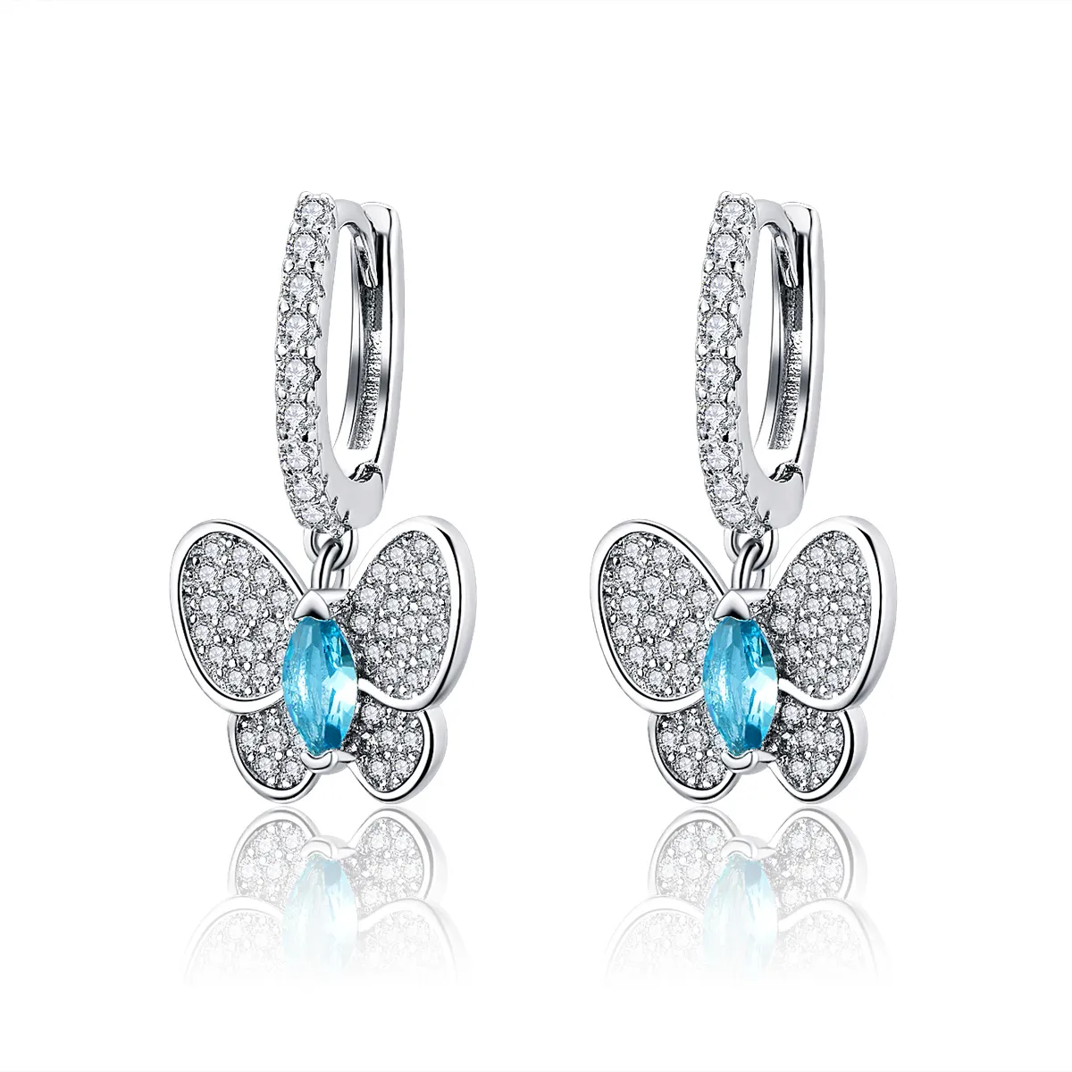 Pandora Style Silver Blue Butterfly Hanging Earrings - SCE513