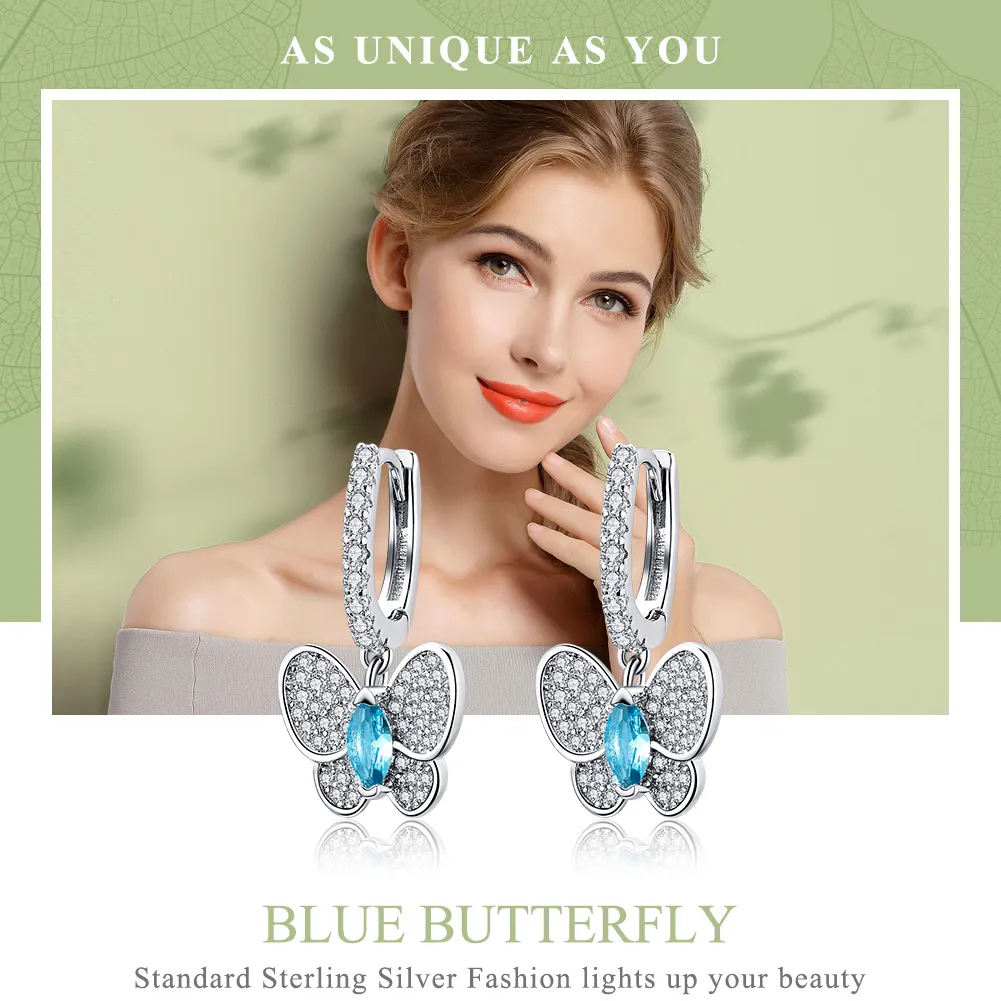 Pandora Style Silver Blue Butterfly Hanging Earrings - SCE513