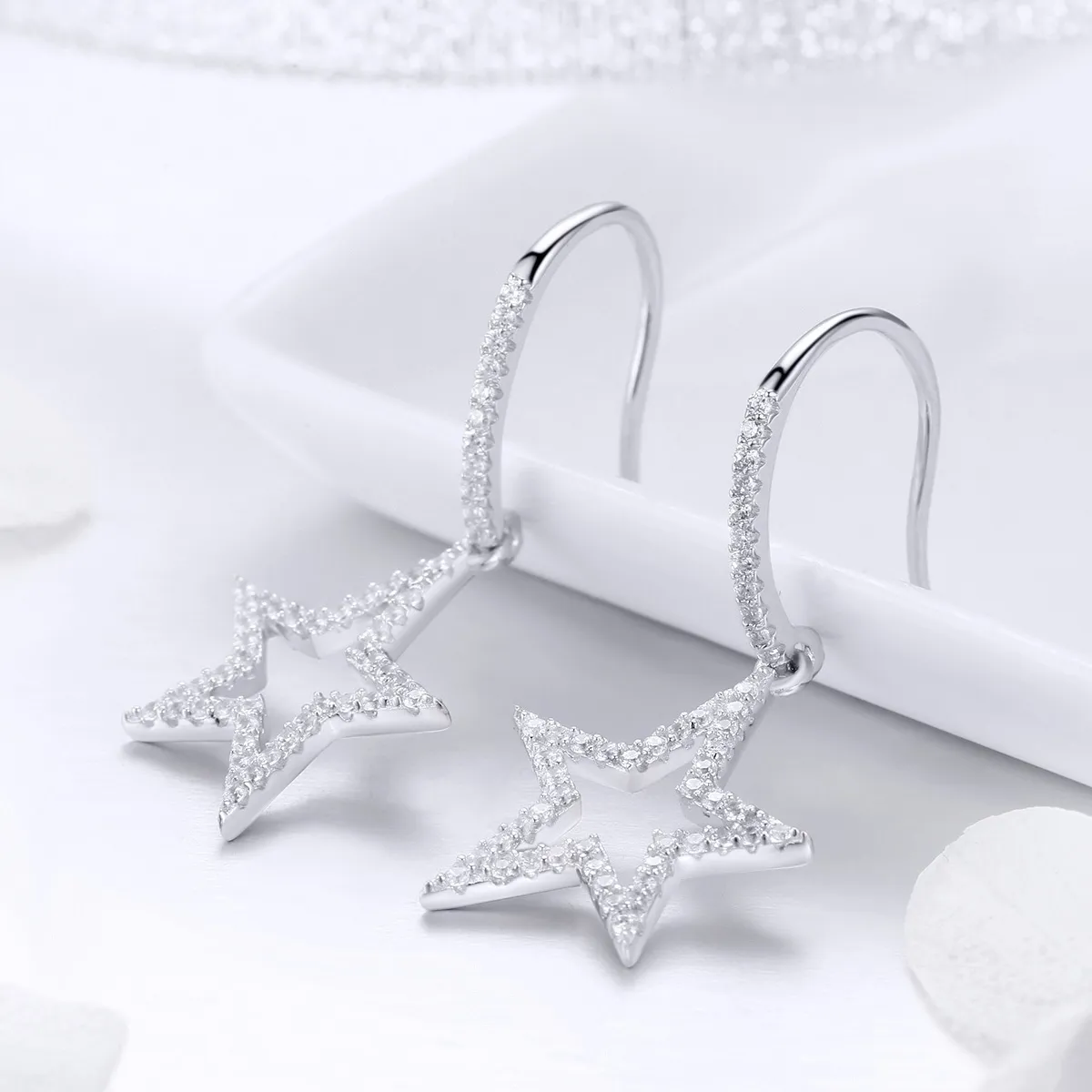 Pandora Style Silver Bright Star Hanging Earrings - SCE434