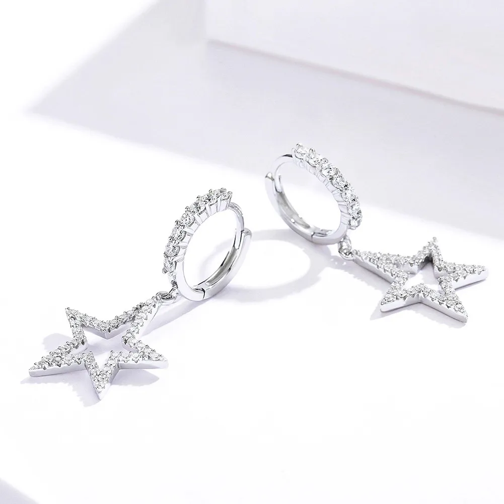 Pandora Style Silver Bright Star Hanging Earrings - SCE593