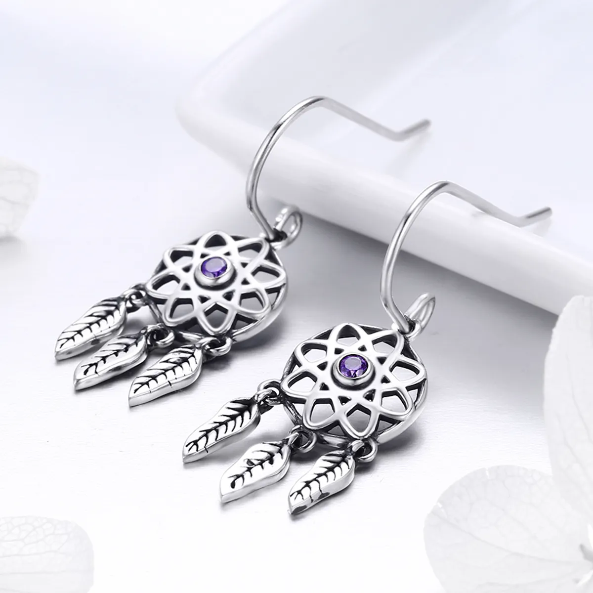 Pandora Style Silver Dreamcatcher Hanging Earrings - SCE394