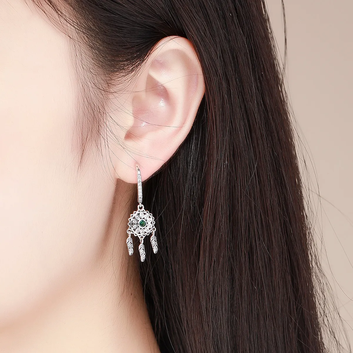 Pandora Style Silver Dreamcatcher Hanging Earrings - SCE441