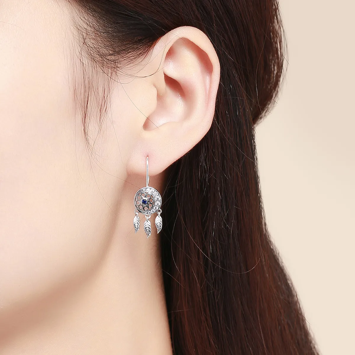 Pandora Style Silver Dreamcatcher Hanging Earrings - SCE497
