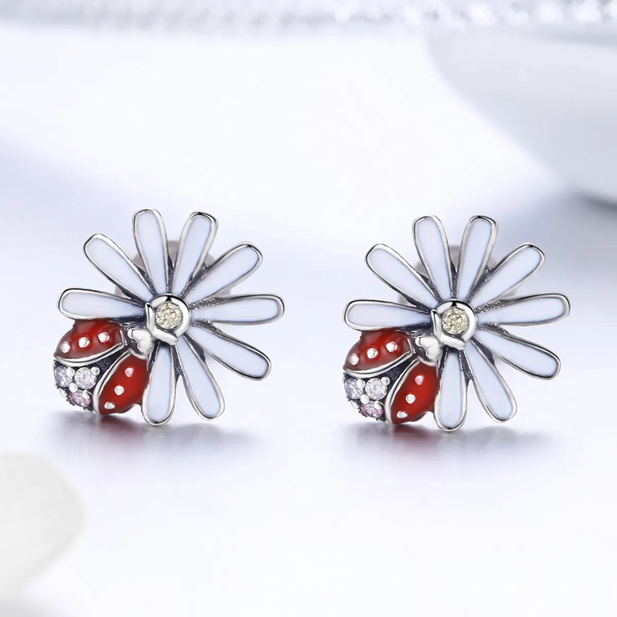 Pandora Style Silver Flower & Ladybug Stud Earrings - SCE459