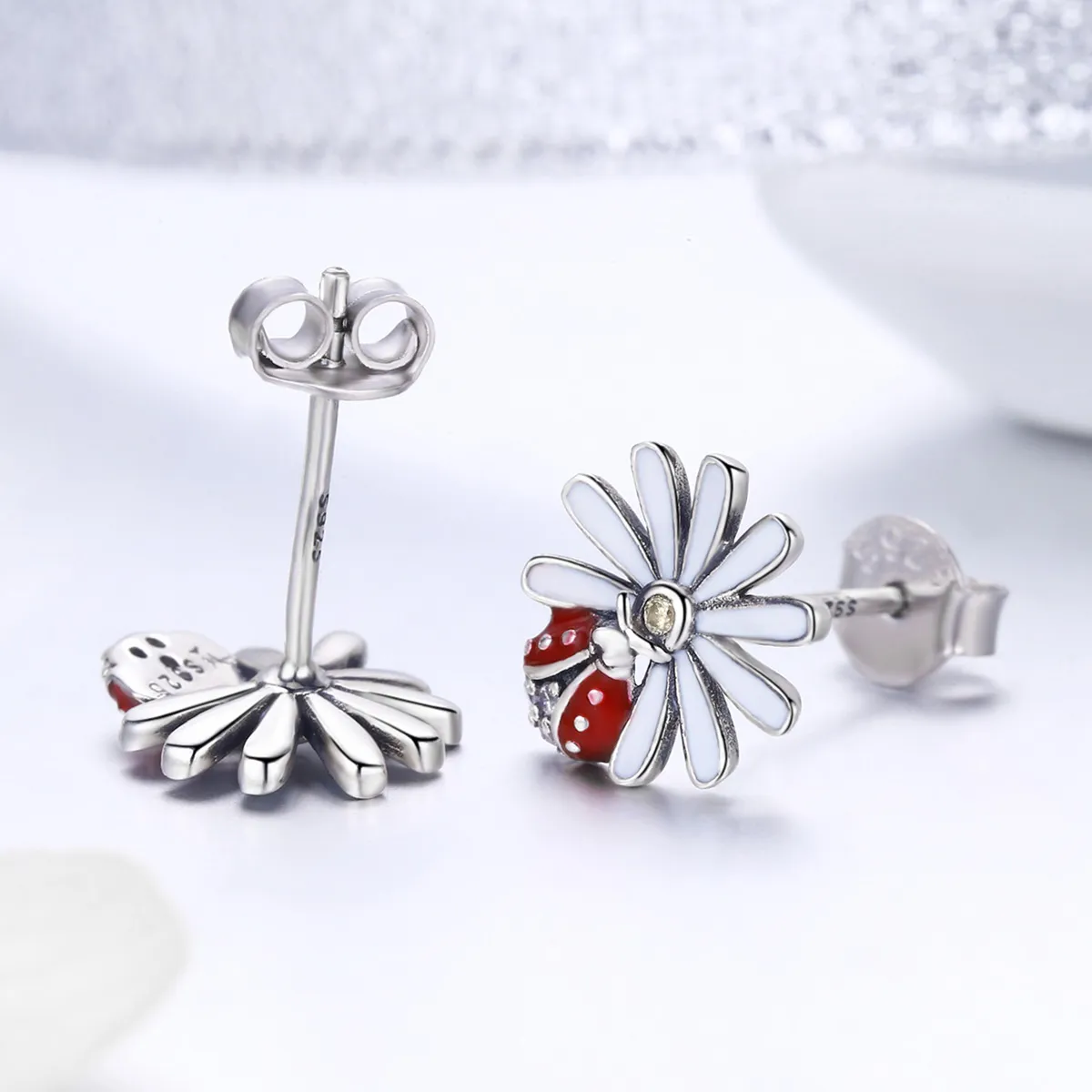 Pandora Style Silver Flower & Ladybug Stud Earrings - SCE459