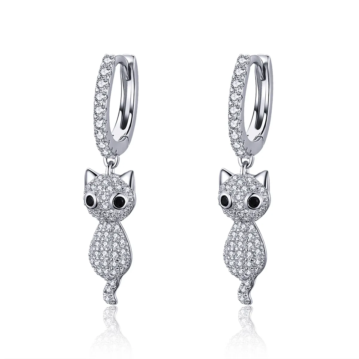 pandora style silver happy cat hanging earrings sce519