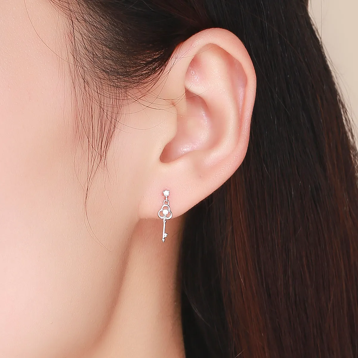 Pandora Style Silver Key of Heart Hanging Earrings - SCE539