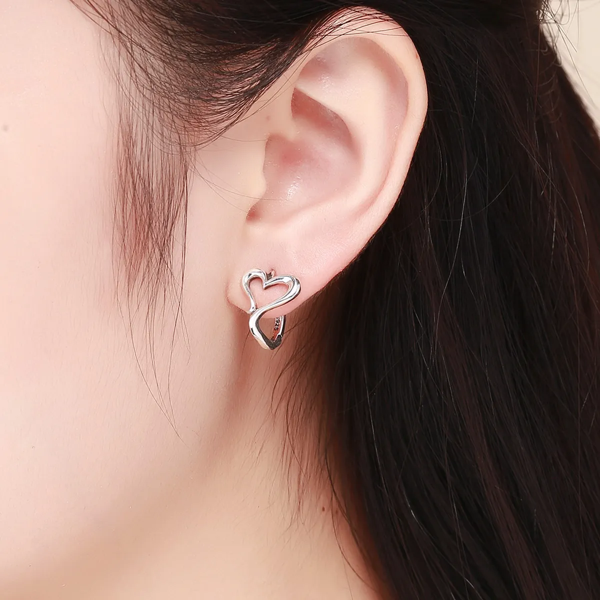 Pandora Style Silver Love Shape Hoop Earrings - SCE447