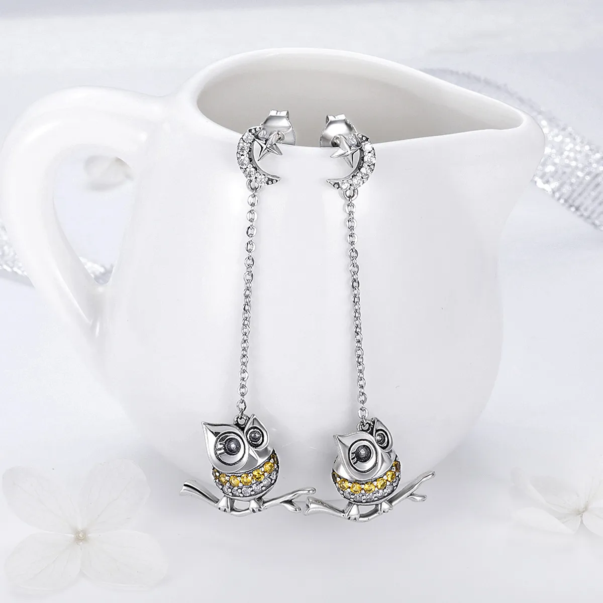Pandora Style Silver Lovely Owl Hanging Earrings - SCE396