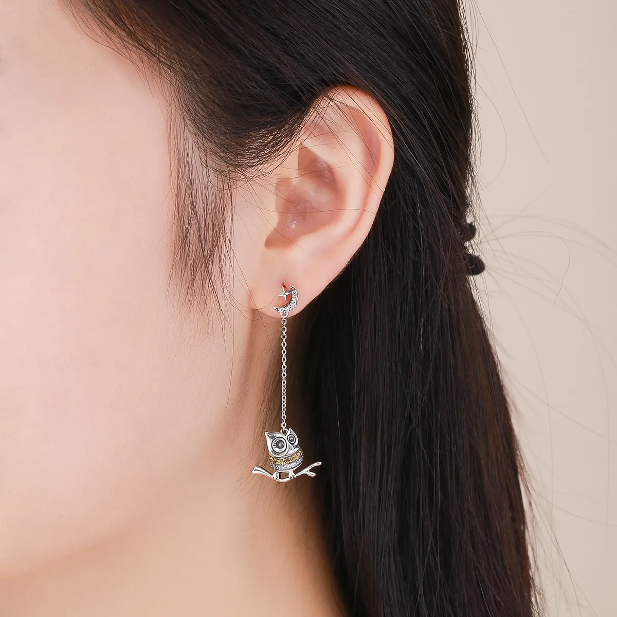 Pandora Style Silver Lovely Owl Hanging Earrings - SCE396