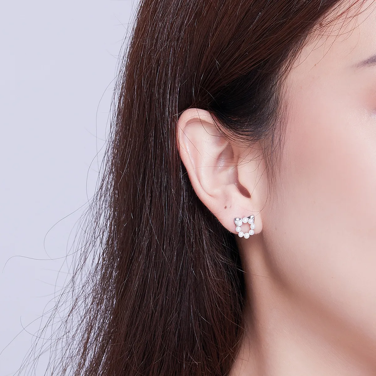 Pandora Style Silver Pearl Cat Stud Earrings - SCE688