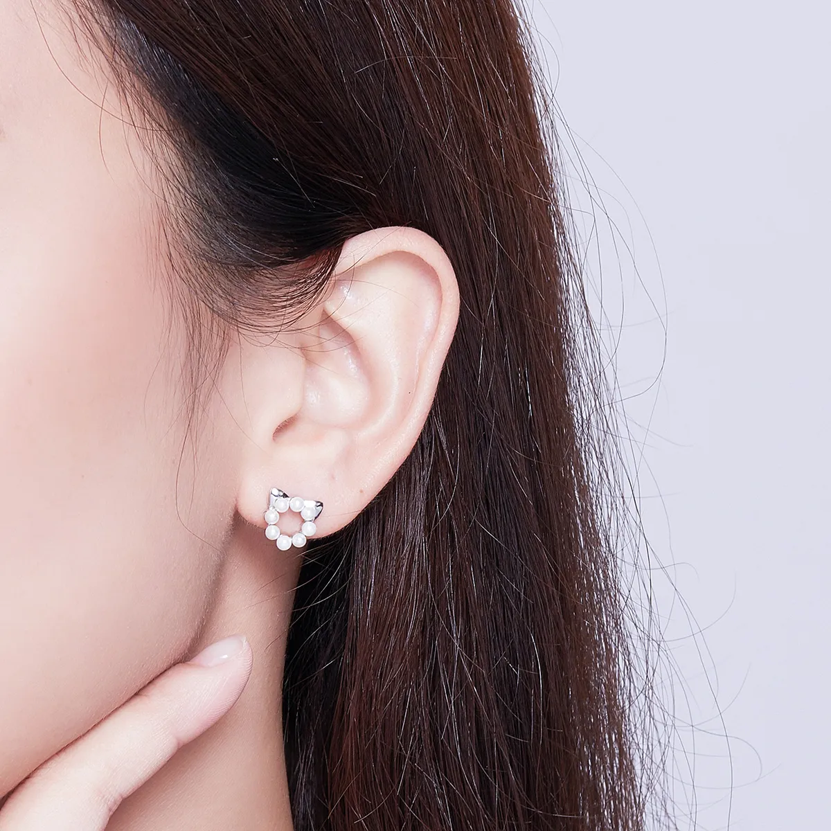 Pandora Style Silver Pearl Cat Stud Earrings - SCE688
