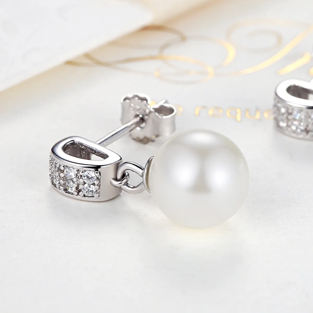 Pandora Style Silver Pearl Hanging Earrings - SCE006