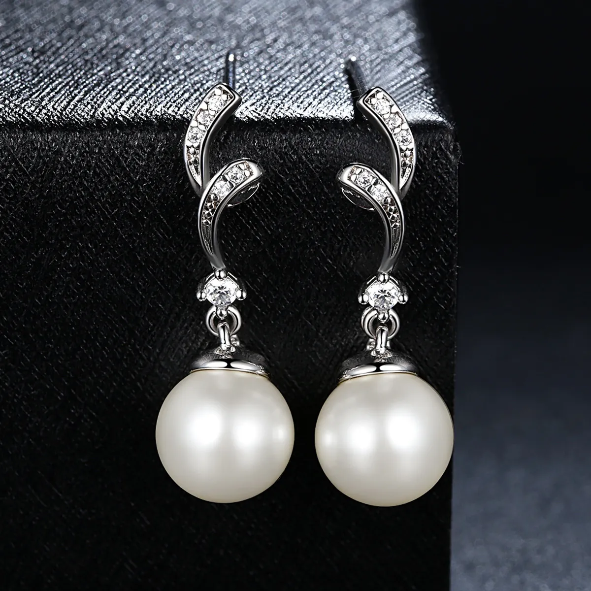 Pandora Style Silver Pearl Hanging Earrings - SCE035