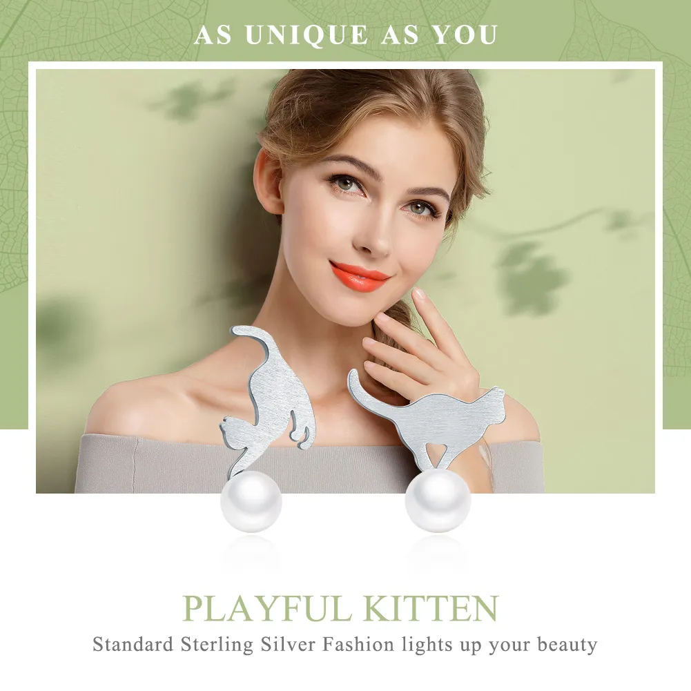Pandora Style Silver Playful Kitten Stud Earrings - SCE235