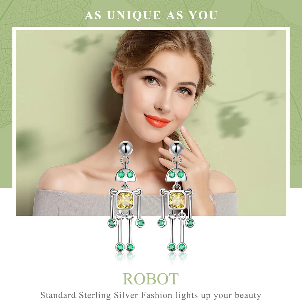 Pandora Style Silver Robot Hanging Earrings - SCE491