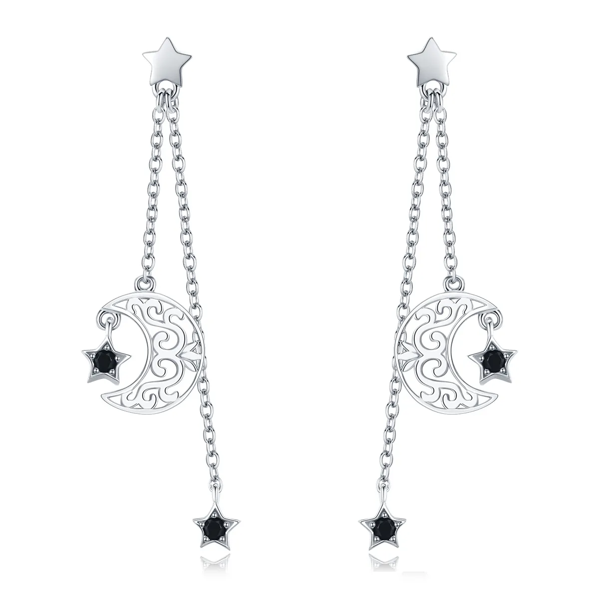 Pandora Style Silver Starlight Moon Hanging Earrings - SCE528