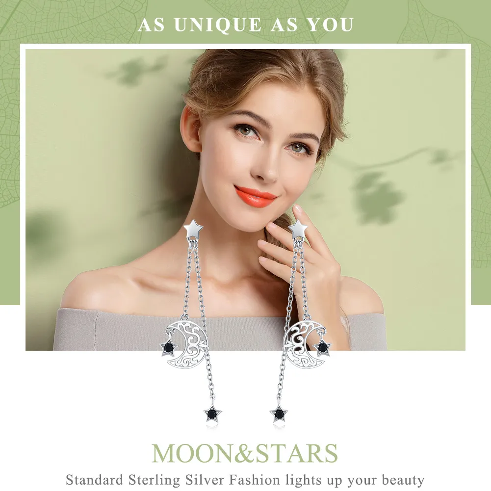Pandora Style Silver Starlight Moon Hanging Earrings - SCE528