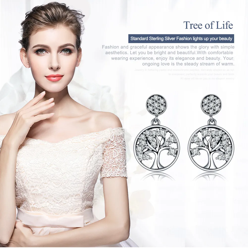 Pandora Style Silver Tree of Life Hanging Earrings - SCE067
