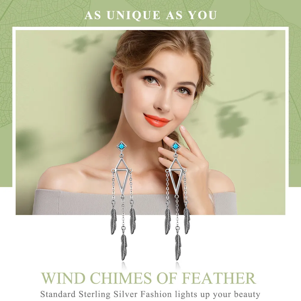 Pandora Style Silver Wind Chimes of Feather Hanging Earrings - SCE529
