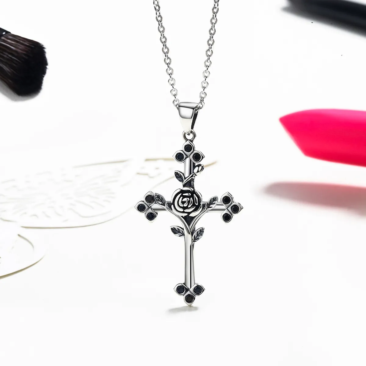 Pandora Style Silver Rose Cross Necklace - SCN091