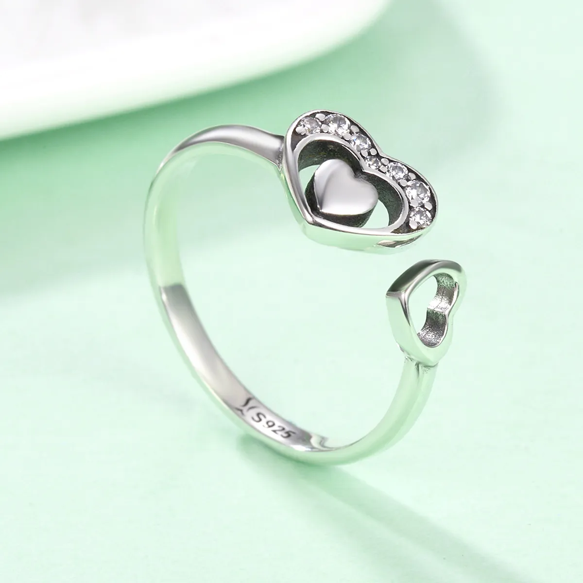 Pandora Style Silver Concomitant Two Hearts Ring - SCR168