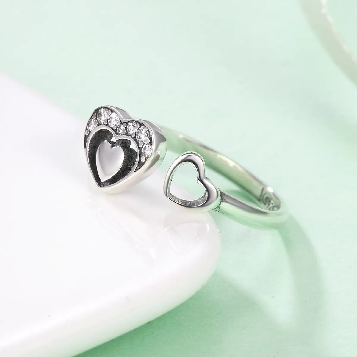 Pandora Style Silver Concomitant Two Hearts Ring - SCR168