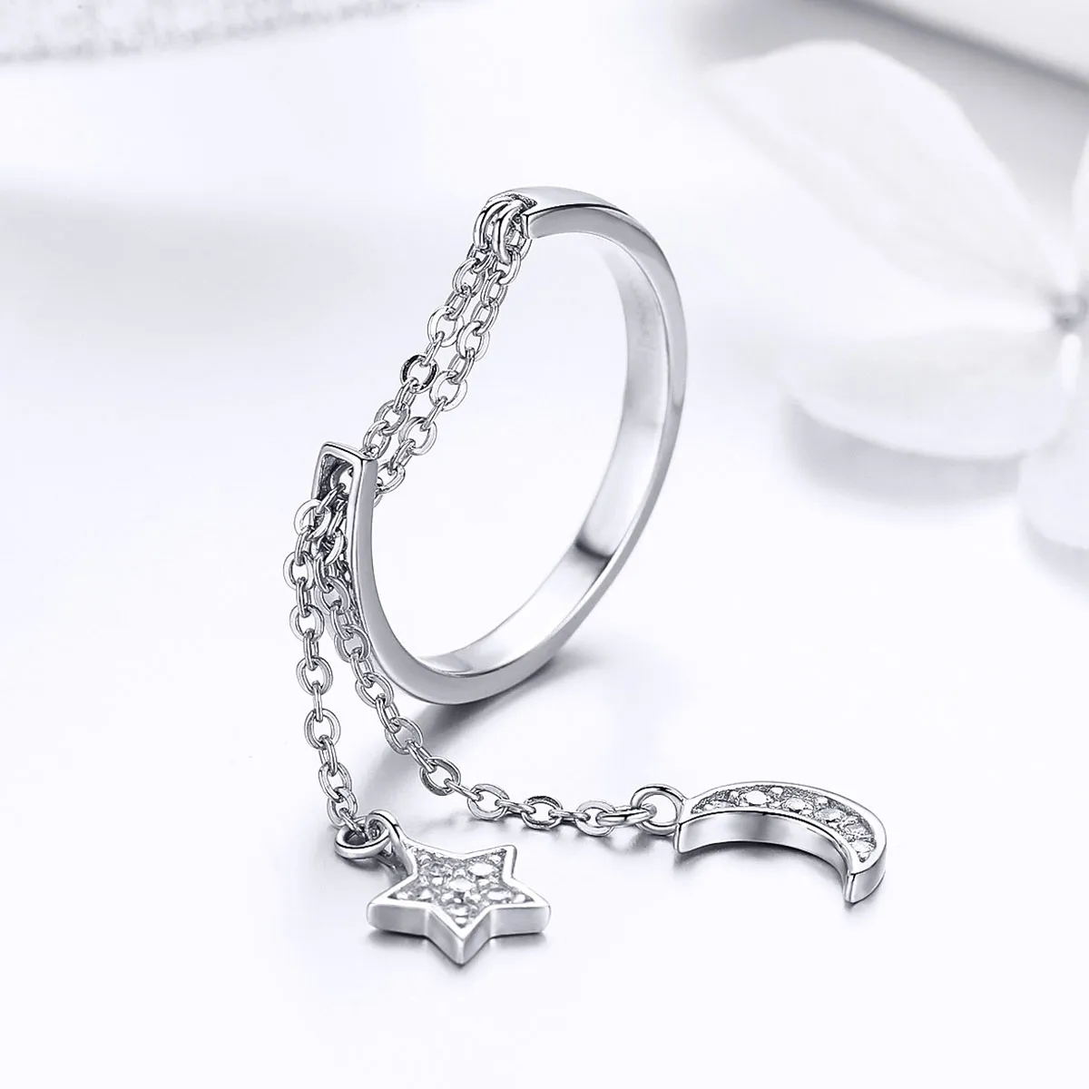Pandora Style Silver Star & Moon Ring - SCR407